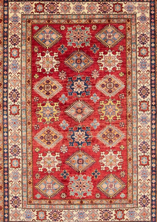 Hand knotted rug oriental rug, Kazak design rug in red color. Size 5.2x6.7.