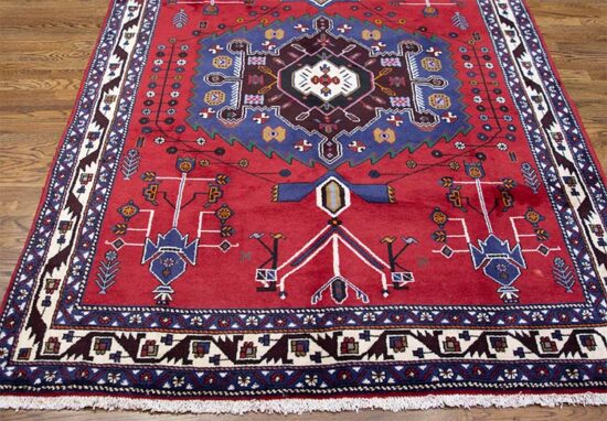 Handmade southwestern rug, geometric style Persian Sirjan wool rug in red color. Size 5.5x7.9.