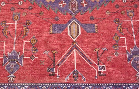 Handmade southwestern rug, geometric style Persian Sirjan wool rug in red color. Size 5.5x7.9.