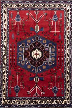 Handmade southwestern rug, geometric style Persian Sirjan wool rug in red color. Size 5.5x7.9.