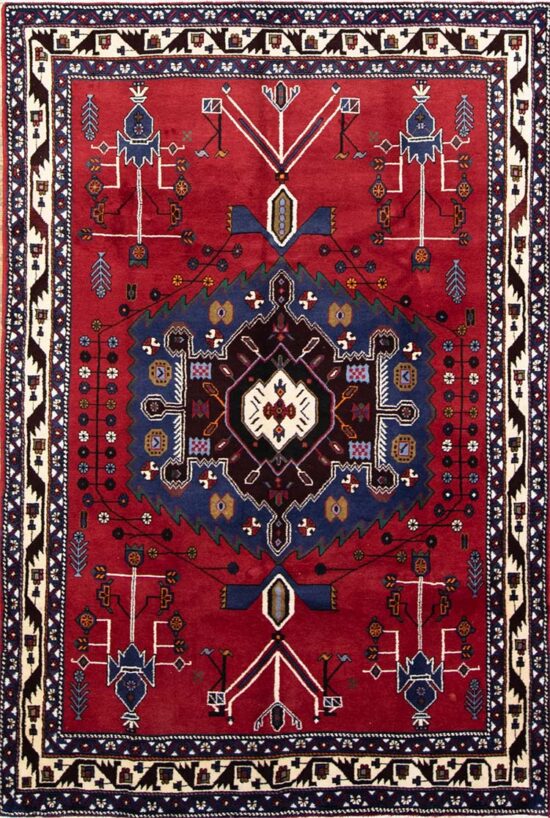 Handmade southwestern rug, geometric style Persian Sirjan wool rug in red color. Size 5.5x7.9.