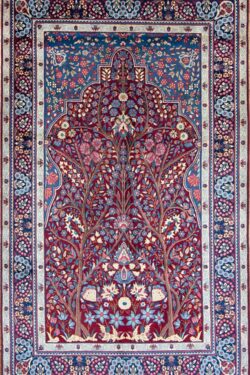 Hand knotted Yazd Persian carpet with tree of life design in traditional red and navy blue colors made of wool. Size 5x8.6.