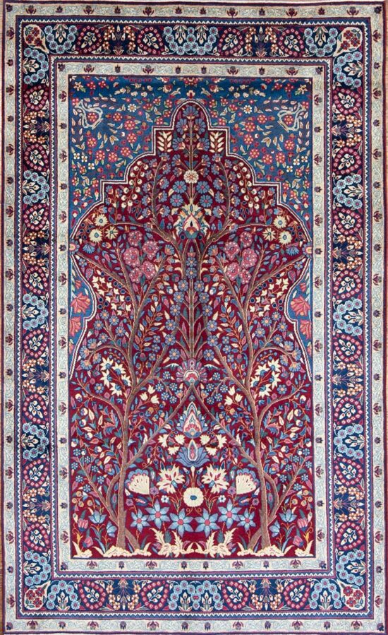 Hand knotted Yazd Persian carpet with tree of life design in traditional red and navy blue colors made of wool. Size 5x8.6.