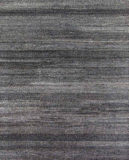 Black and white area rugs with stripes made of combination of wool and synthetic fibers. Size 8x9.8.