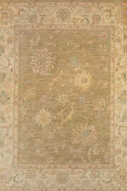 A softly colored green rug with pastel and brown colors made of wool. Size 8.2x10.