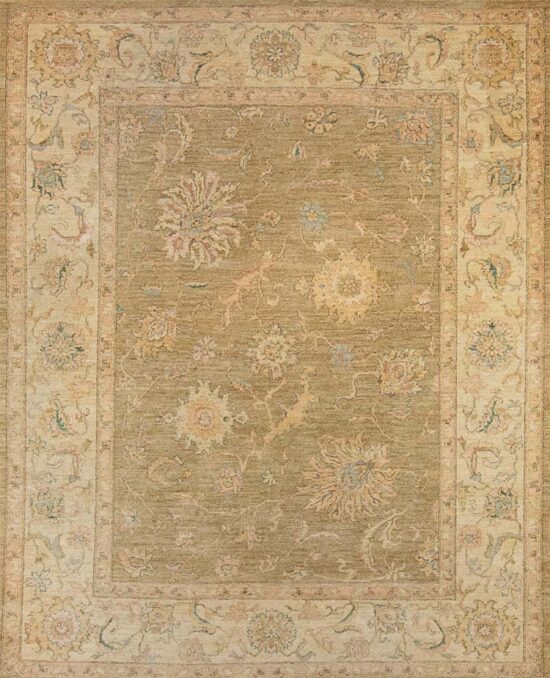 A softly colored green rug with pastel and brown colors made of wool. Size 8.2x10.