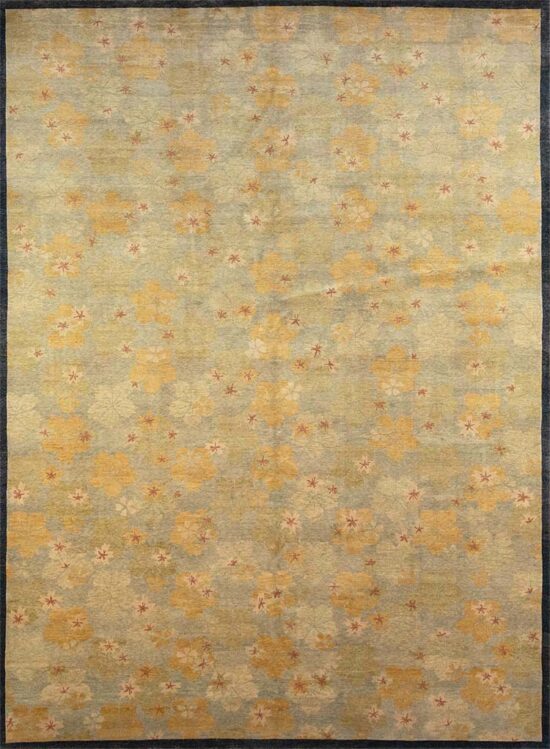 Wool flower rug modern style rug with olive green color in the main field. Size 8.7x11.7.