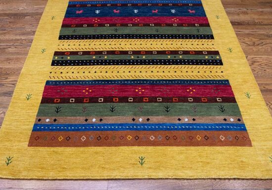 Handmade Mustard rug for living room, Gabbeh style Indian wool rug. Size 5.2x6.10.