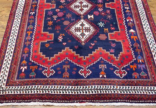 Persian tribal rug, hand knotted traditional geometric rug in navy-blue and red color made of 100% woo. size 4.8x6.6.