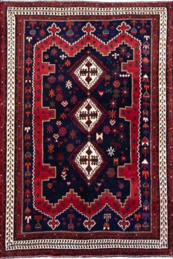 Persian tribal rug, hand knotted traditional geometric rug in navy-blue and red color made of 100% woo. size 4.8x6.6.