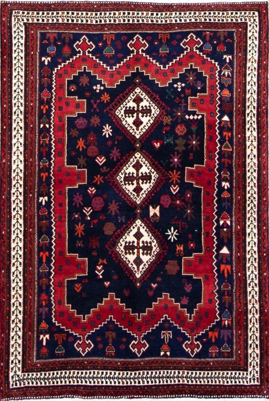 Persian tribal rug, hand knotted traditional geometric rug in navy-blue and red color made of 100% woo. size 4.8x6.6.