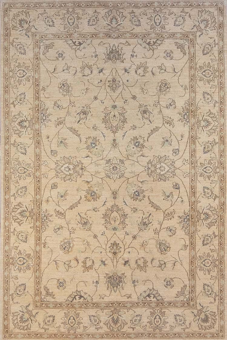 3240- Hand knotted Turkish Oushak style 6x9 rug in muted earth tone colors made in Pakistan. 