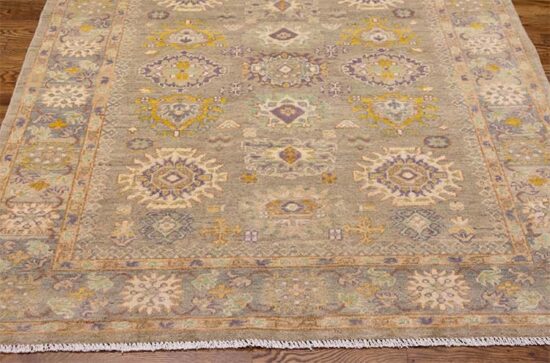 Handmade green area rug, transitional green oriental rug made of wool. Size 5x6.6.