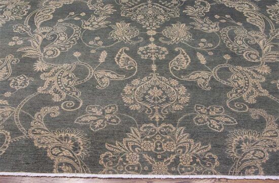 Olive green rug, handmade floral modern wool rug made in India. Size 8.2x10.3.