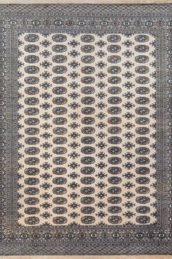 Bokara rug 8x10, traditional style elephant footprint rug in beige color made in Pakistan.