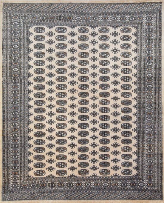 Bokara rug 8x10, traditional style elephant footprint rug in beige color made in Pakistan.