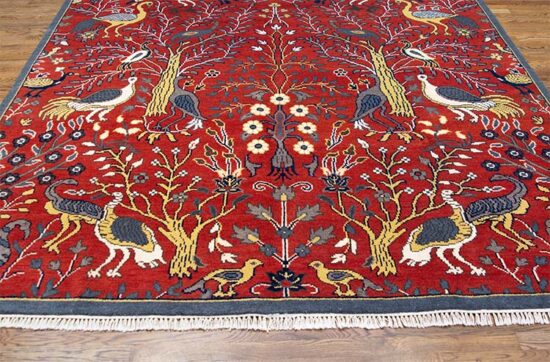 Birds of paradise rug, handmade wool oriental rug in rustic red color with birds and of life. size 8x10.