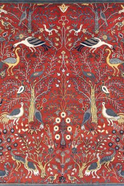 Birds of paradise rug, handmade wool oriental rug in rustic red color with birds and of life. size 8x10.