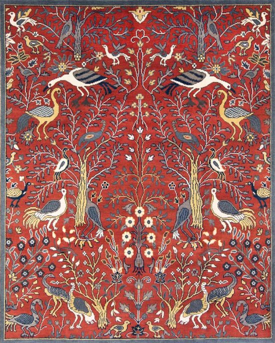 Birds of paradise rug, handmade wool oriental rug in rustic red color with birds and of life. size 8x10.