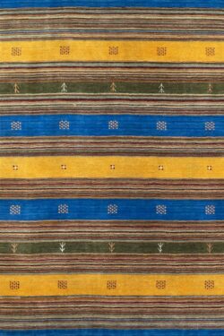 A colorful 5x8 rug in contemporary style made of wool and decorated with blue and mustard colors.