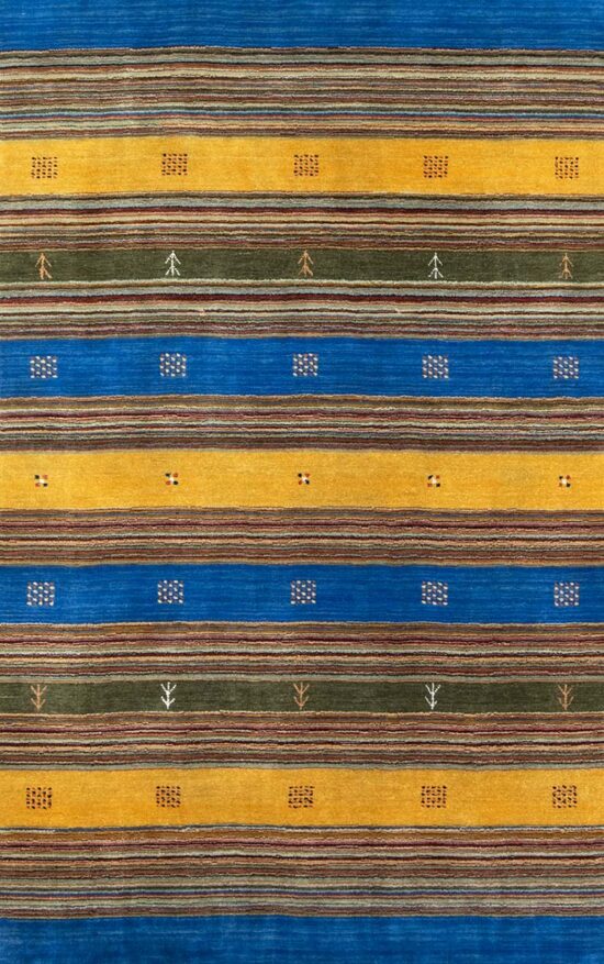 A colorful 5x8 rug in contemporary style made of wool and decorated with blue and mustard colors.