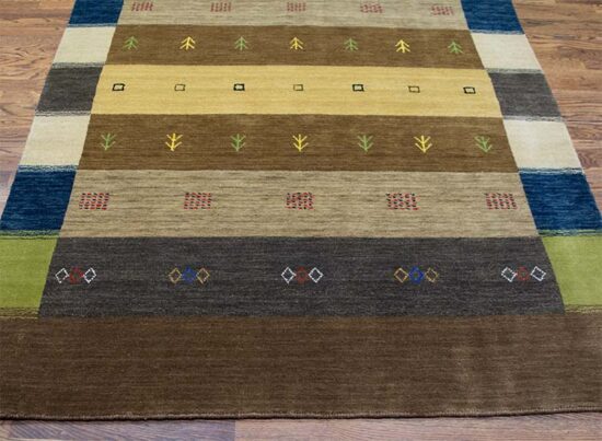 5 x 7 rug, modern style wool rug in green, brown, and yellow colors crafted in India.