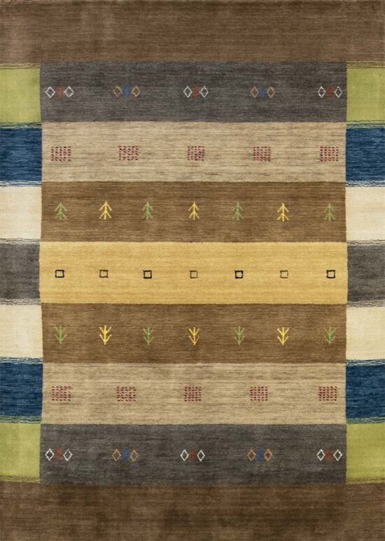 5 x 7 rug, modern style wool rug in green, brown, and yellow colors crafted in India.