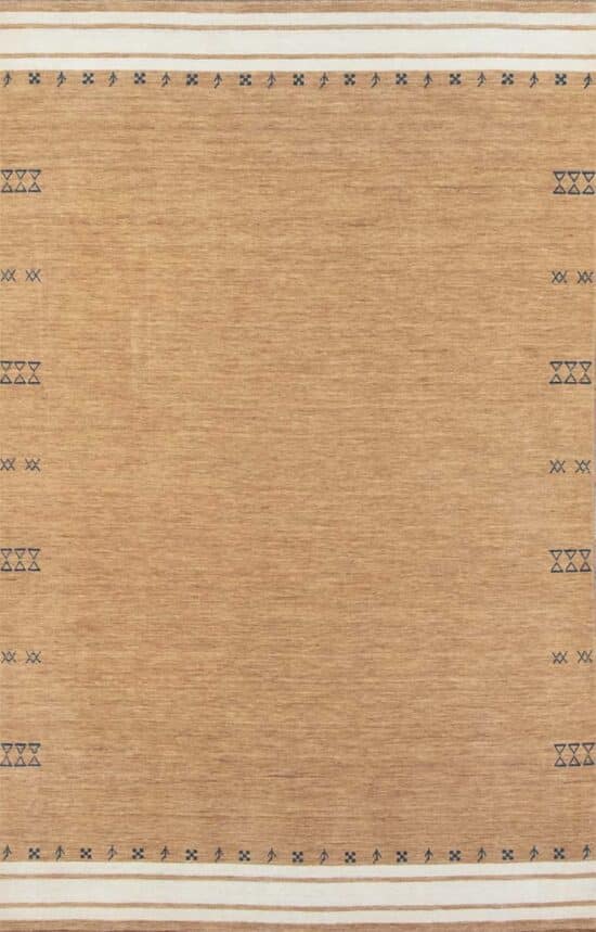 5x8 area rug, small beige area rug in Gabbeh style crafted in India.