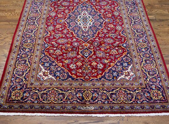 Floral rug, handmade Persian Kashan red floral rug in red and navy blue colors. Size 4.9x7.1.