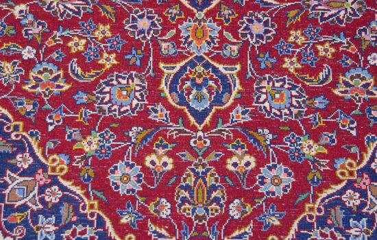 Floral rug, handmade Persian Kashan red floral rug in red and navy blue colors. Size 4.9x7.1.