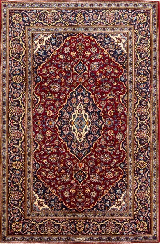 Floral rug, handmade Persian Kashan red floral rug in red and navy blue colors. Size 4.9x7.1.