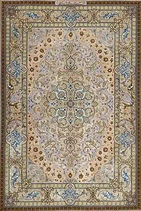 Silk Persian rug, multicolor vegetable dyed handmade Persian Isfahan rug. Size 4.4x6.6