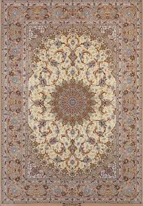 Yellow rug, Persian Isfahan silk and wool rug. Size 5.1x7.4.