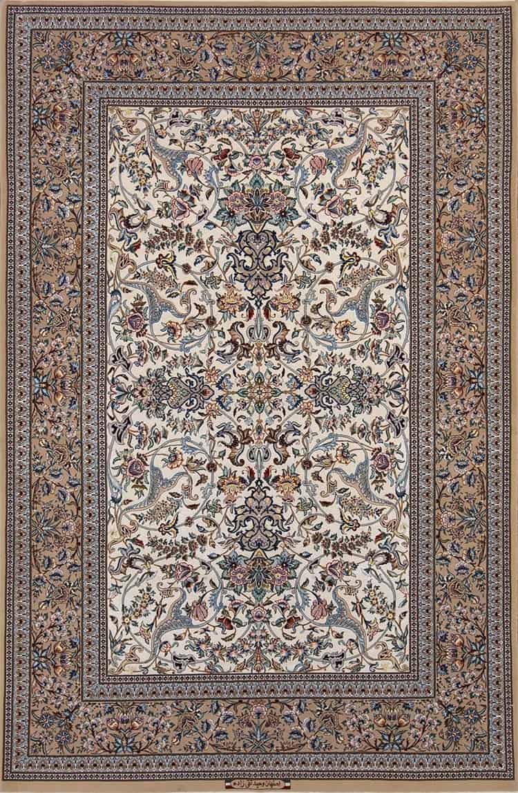 1119- Beautiful Beige color Persian Isfahan silk and wool area rug. Size 5x7.6.