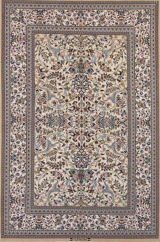 1122- Hand Knotted Persian Isfahan Rug, Marble Color Kurk Wool and Silk Rug. Size 5x7.7.