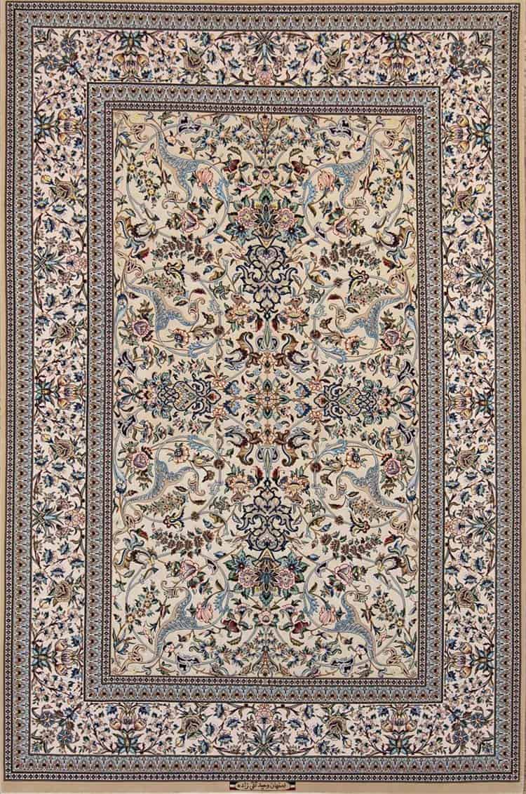 1122- Hand Knotted Persian Isfahan Rug, Marble Color Kurk Wool and Silk Rug. Size 5x7.7.