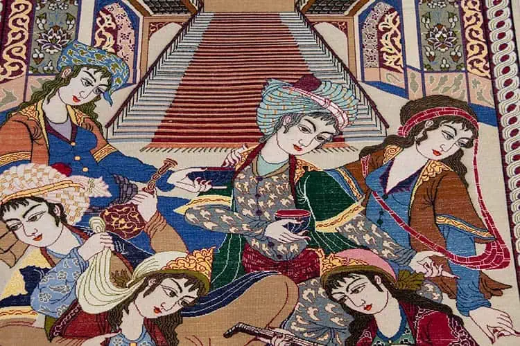 1184- Pictorial Rug, Poetic Scenery Rug, Hand Knotted Persian Isfahan Rug. Size 2.9x4.4. Backside image. 1184- Pictorial Rug, Poetic Scenery Rug, Hand Knotted Persian Isfahan Rug. Size 2.9x4.4. Backside image.