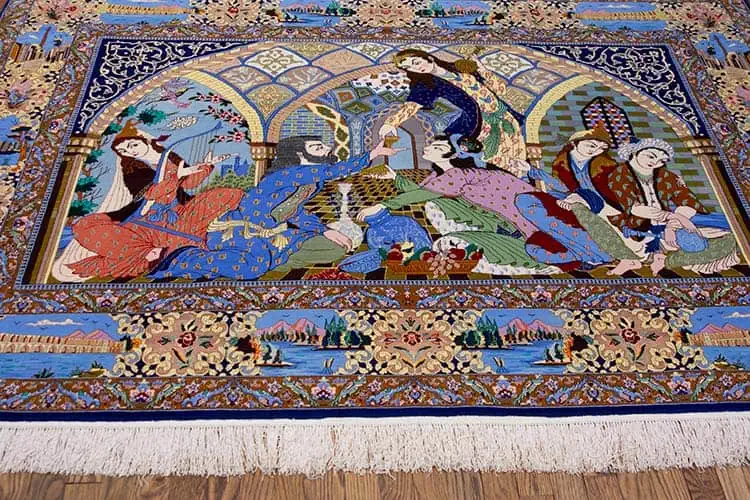 1198- Persian poetic rug, handmade Persian Isfahan horizontal rug illustrating romantic gathering scene. Size 7.3x5.3.