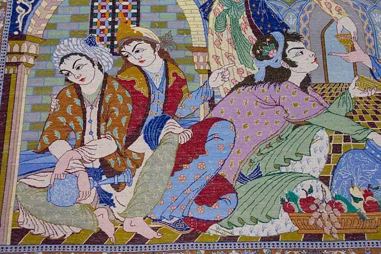 1198- Persian poetic rug, handmade Persian Isfahan horizontal rug illustrating romantic gathering scene. Size 7.3x5.3. Backside image.