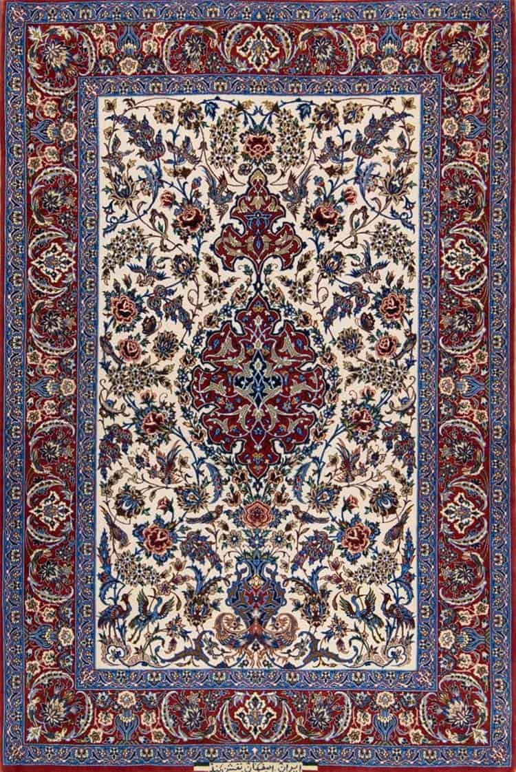 1218- Small rug with beige and red crafted with the finest Japanese kork wool and silk and designed with heavenly birds and flowers. Size 3.10x5.9.