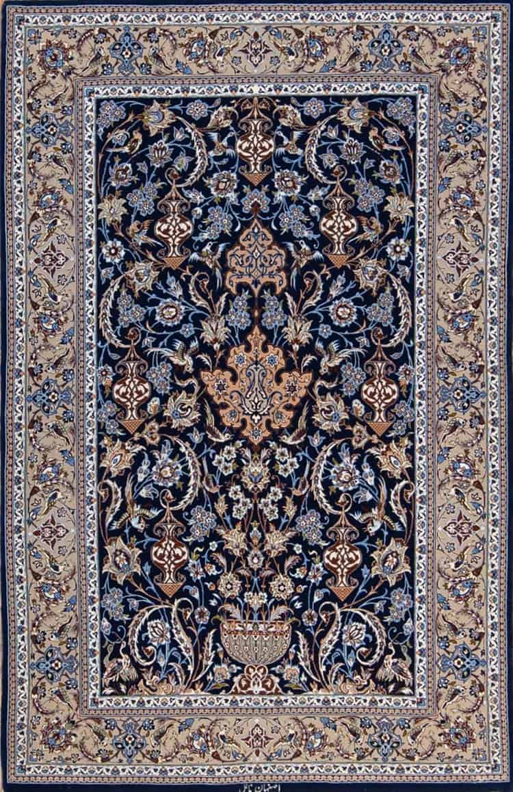 1220- Esfahan carpets, top quality handmade navy blue Persian rug made from kork wool and silk signed by master waver Nael. Size 3.10x6.