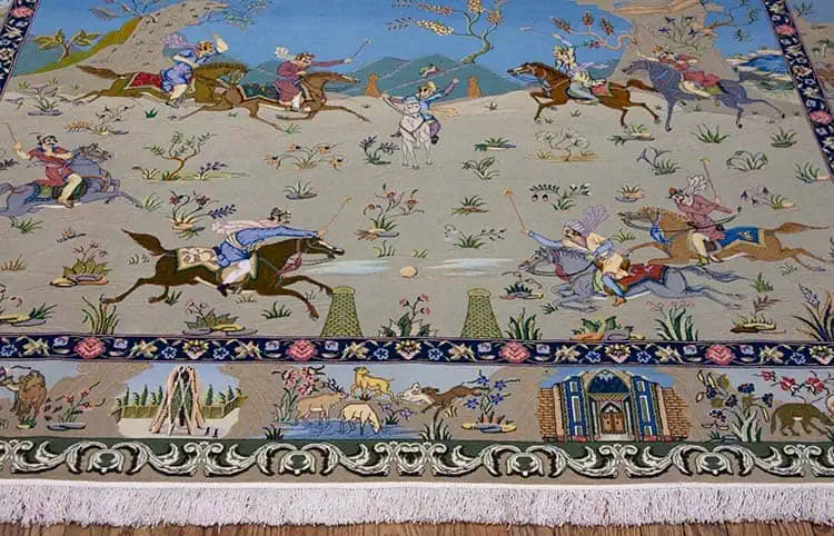 Rug 1243- Polo rug a precious souvenir that resonates with the history of Polo sport. Handmade Persian rug with a Polo scene. Rug size 6.9x5.