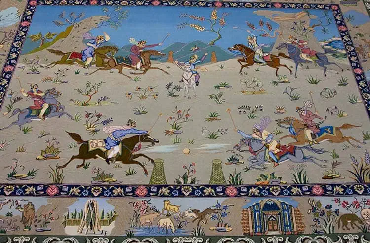 Rug 1243- Polo rug a precious souvenir that resonates with the history of Polo sport. Handmade Persian rug with a Polo scene. Rug size 6.9x5.