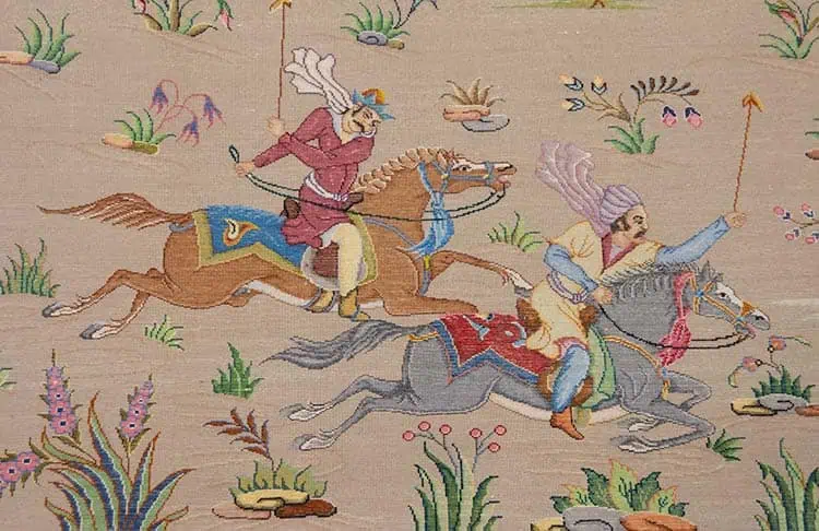 Rug 1243- Polo rug a precious souvenir that resonates with the history of Polo sport. Handmade Persian rug with a Polo scene. Rug size 6.9x5. Backside image.