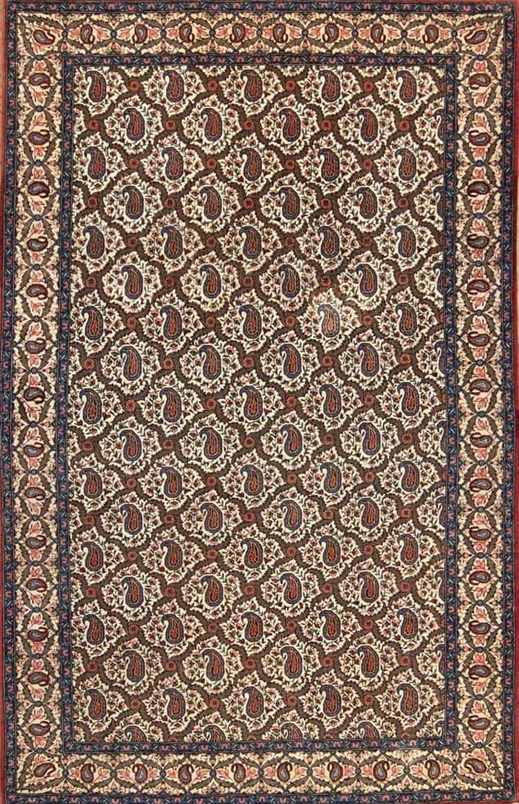 2348- Vintage area rugs, hand woven paisley design Persian Qum vintage rug made from soft kork wool. Size 4.9x7.4.