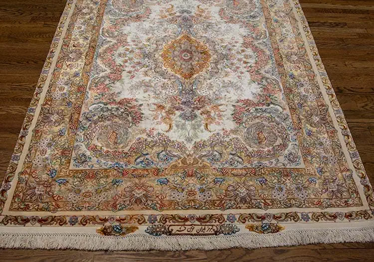 2449- Exquisite hand woven silk Persian carpet An Iranian carpet inspired by European floral motifs. Size 4.10x7.3. 