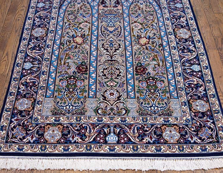 2492- Prayer rug, high quality handmade Persian Isfahan rug with heavenly birds and flowers. Size 3.7x5.10. 2492- Prayer rug, high quality handmade Persian Isfahan rug with heavenly birds and flowers. Size 3.7x5.10.