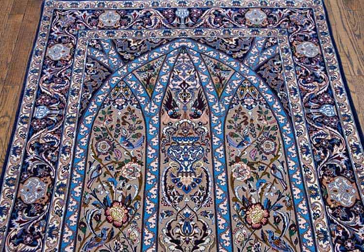 2492- Prayer rug, high quality handmade Persian Isfahan rug with heavenly birds and flowers. Size 3.7x5.10. 2492- Prayer rug, high quality handmade Persian Isfahan rug with heavenly birds and flowers. Size 3.7x5.10.