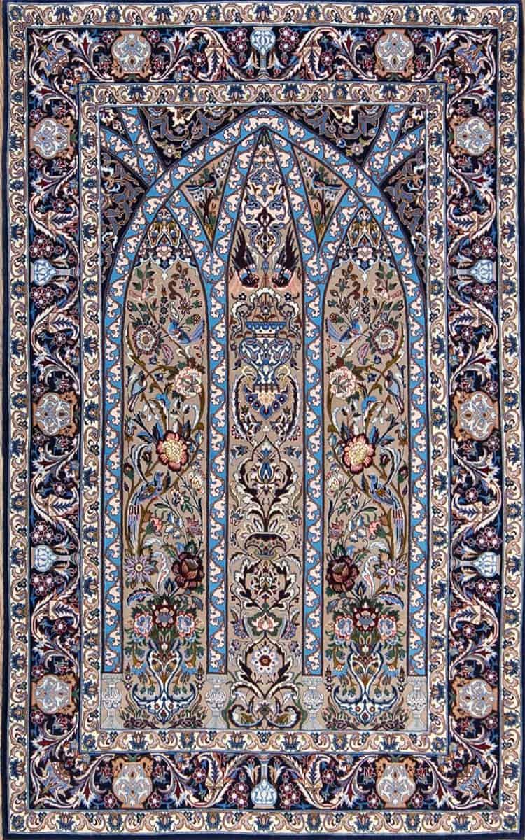 2492- Prayer rug, high quality handmade Persian Isfahan rug with heavenly birds and flowers. Size 3.7x5.10.