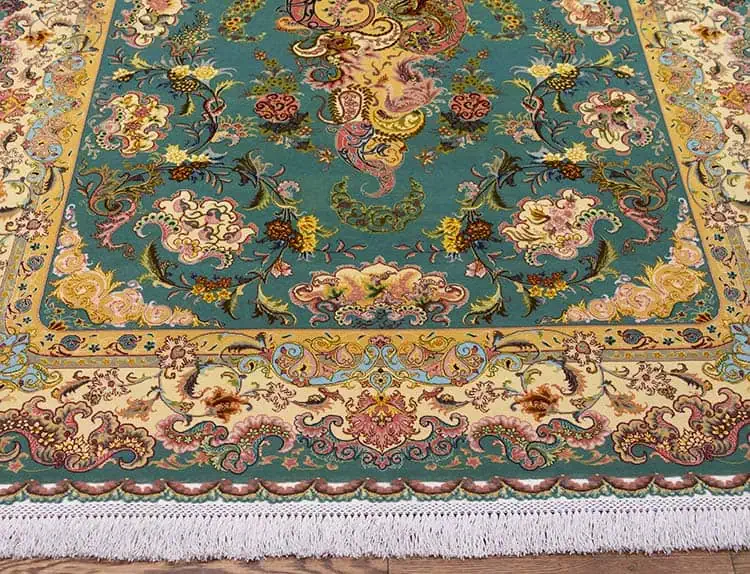 2751- Handmade Persian rug, beautiful teal green wool and silk Persian Tabriz rug by Shir Far. Size 5.2x7.4. 2751- Handmade Persian rug, beautiful teal green wool and silk Persian Tabriz rug by Shir Far. Size 5.2x7.4.
